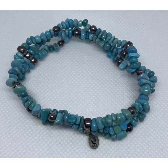 925 Sterling Silver Turquoise Colored Gemstone Chips 3 Stand Bracelet Marked R - Picture 5 of 6